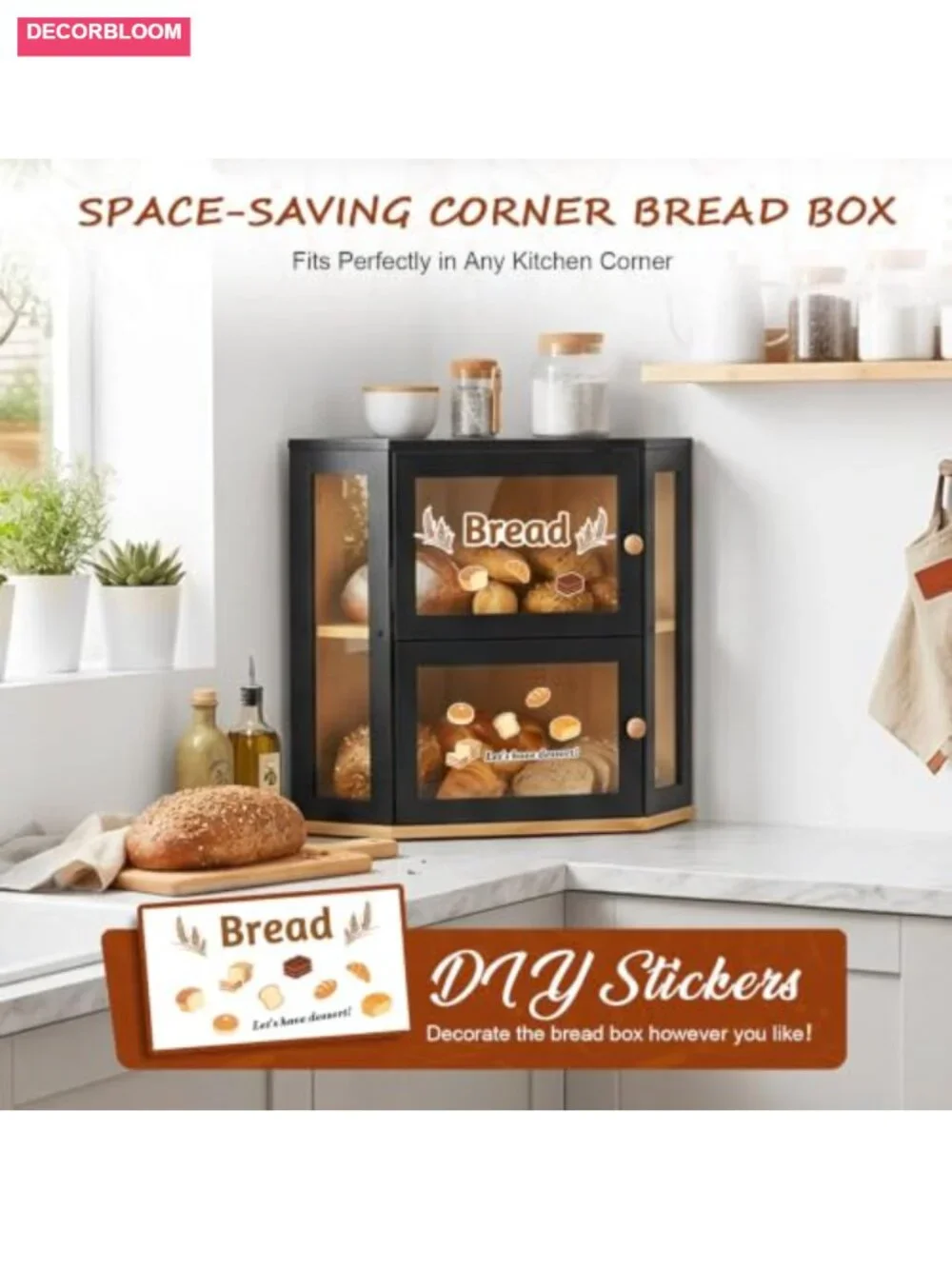 Corner Bread Box, Extra Large Double Layer Bamboo with Acrylic Door for Kitchen